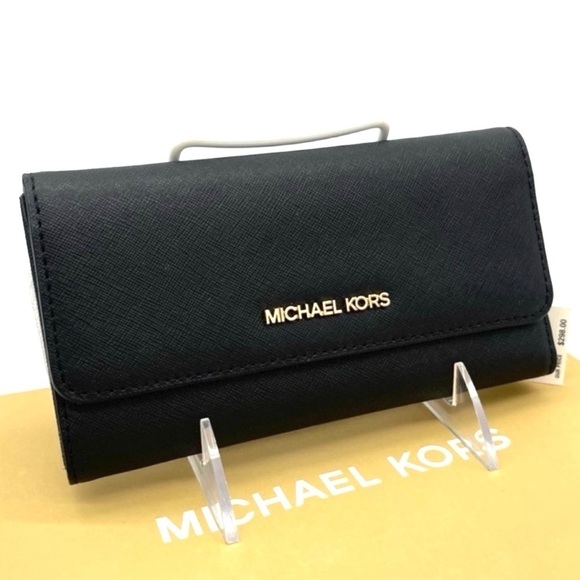 Michael Kors Large Trifold Wallet Black Leather Rich Black/Gold - Picture 1 of 7
